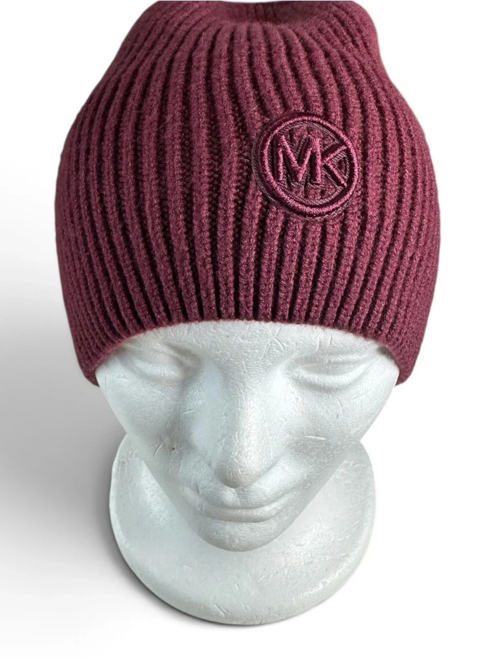Michael Kors Burgundy Ribbed Knit Slouchy Beanie Tonal MK Logo NWOT